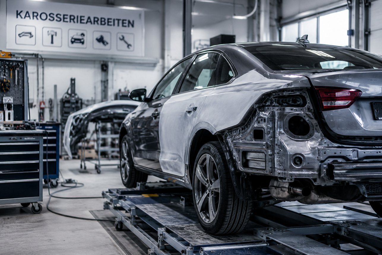 Fahrzeug bei Karosseriearbeiten in einer Karosseriewerkstatt